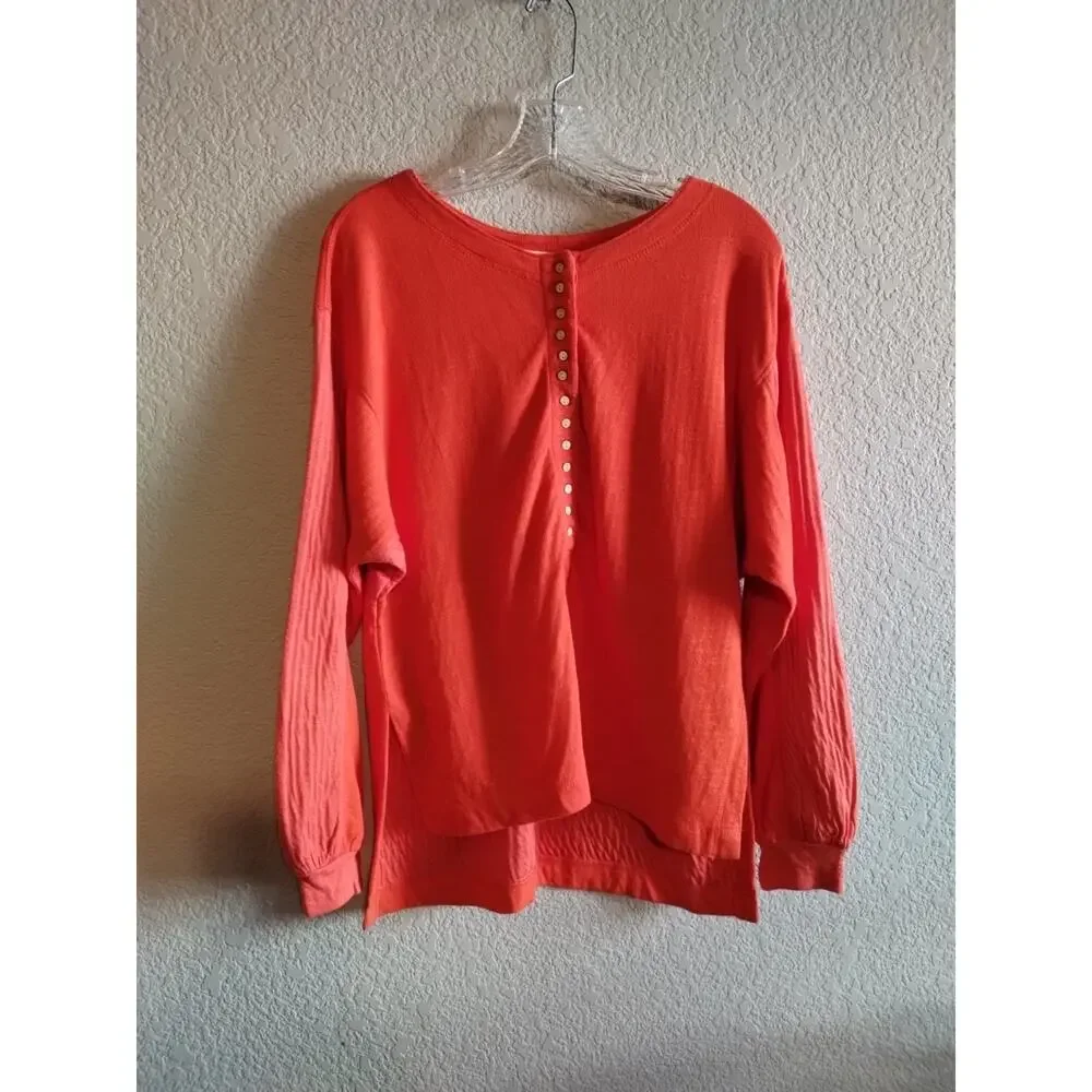 We The Free Back At It Oversize Linen Blend Henley Thick Pullover Orange Top XS